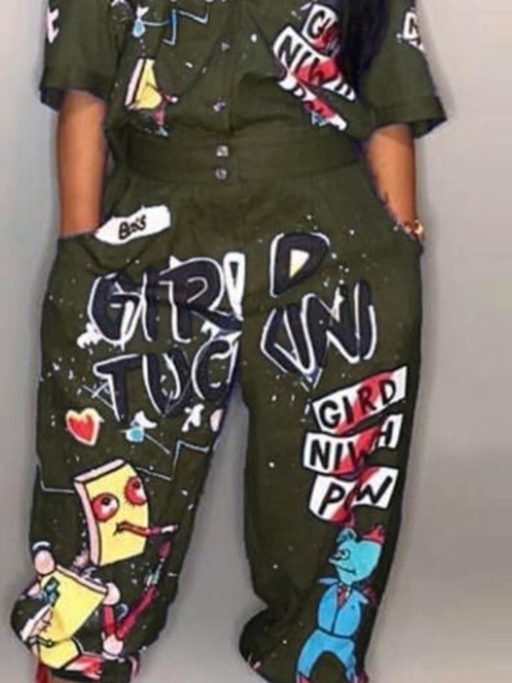 Graphic Olive Green Womens Jumpsuit - Casual Streetwear graffiti large